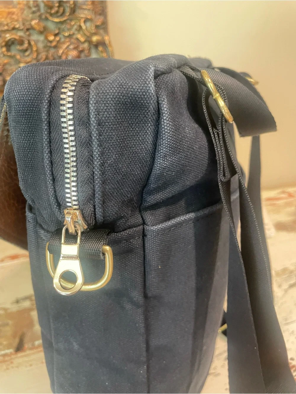 R. Riveter Navy and Black Canvas Leather-Trim Backpack